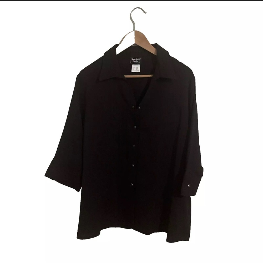 Southern Lady Button Up Shirt 2X Black Solid Roll Tab Sleeve Slit Collared